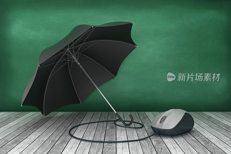 雨伞与电脑鼠标在黑板上- 3D渲染